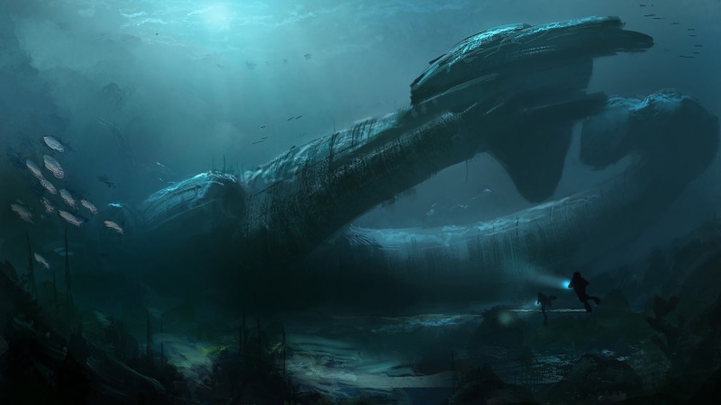 sea, fantasy art, diver, alien spaceship, sci-fi, underwater diving, 1080P, underwater, science fiction, scifi, diving, ocean, divers