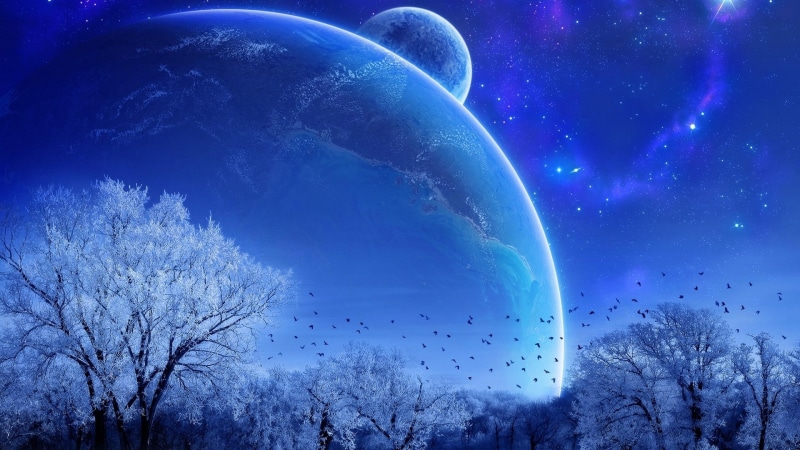 stars, night, trees, birds, fantasy landscape, snow, sci-fi, planet, scifi, winter, blue, cold, starry, planets, fantasy art, 4K