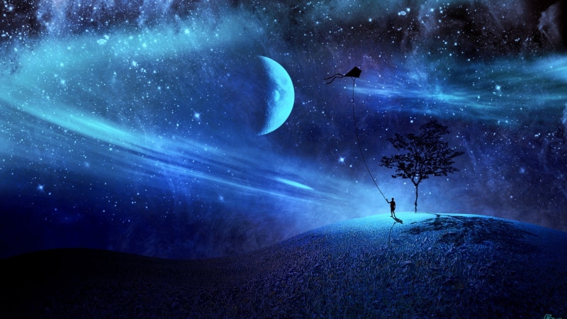 kite, planet, darkness, kite-flying, lone tree, fantasy art, nebula, 1080P, sweet dreams, hill, fantasy landscape, scifi, kite flying, night, night sky