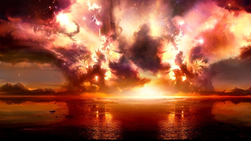 horizon over water, tranquility, beauty in nature, water, horizon, wildfire, cloud - sky, tranquil scene, sky, idyllic, outdoors, nature, explosion, reflection