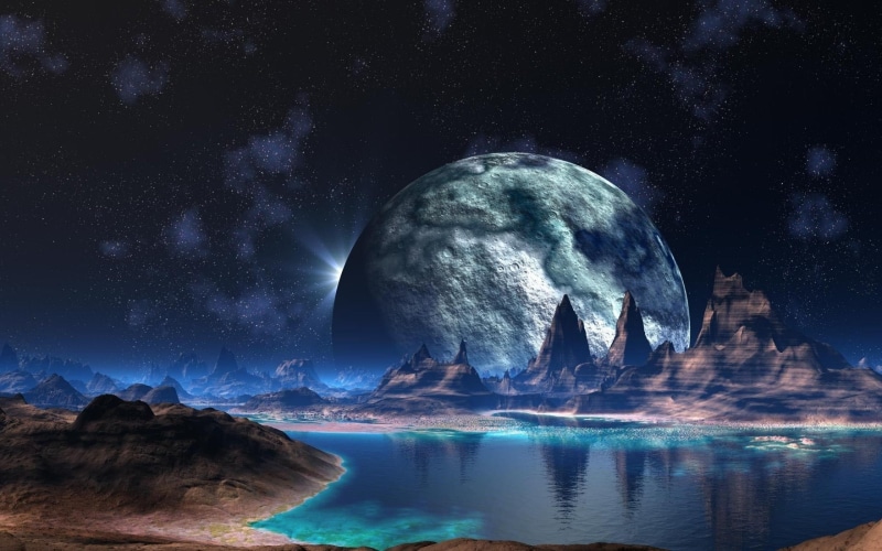 desktop, 2K, lake, mountains, moon, scifi, backgrounds, planets, giant