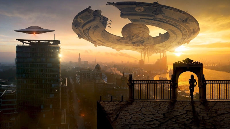 fantasy art, scifi, sunrise, digital art, dawn, ufo, morning, science fantasy, science fiction, 1080P, spaceship, foreigners, fiction, alians, sci-fi
