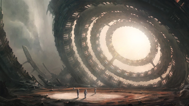 scifi, leisure activity, sunbeam, outdoors, tourism, space, one person, fantasy art, sunlight, nature, built structure, sci fi, day, circles, architecture