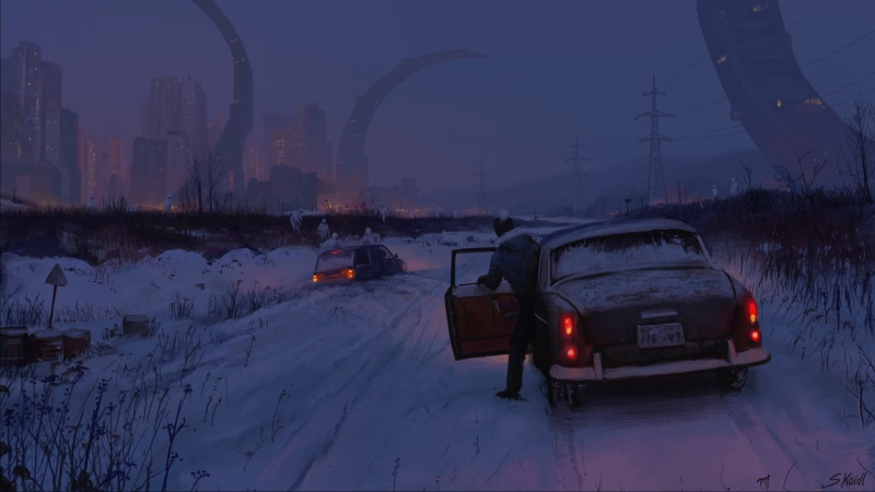frost, snowdrift, traffic, ice, no people, tool, land Vehicle, travel, covering, car, city, urban Scene, black, outdoors, illustration, weather, futuristic
