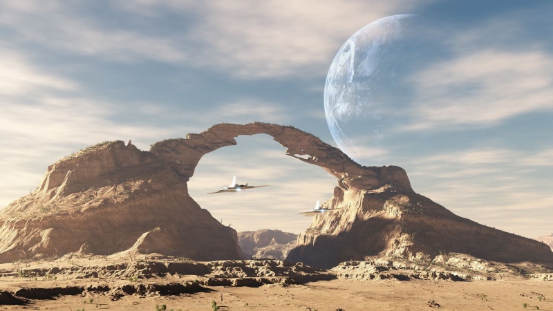 space, arid climate, arch, tranquil scene, no people, remote, artwork, spaceship, land, mountain, idyllic, fantasy art, scenics - nature, brown, rock - object