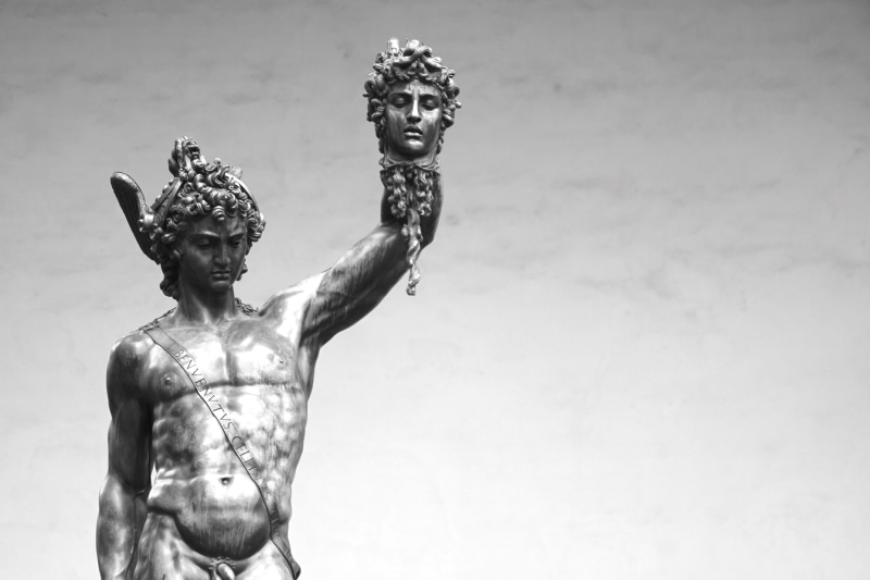 female likeness, craft, no people, architecture, statue, belief, sculpture, angel, day, florence, medusa, 2K, black and white, male likeness, outdoors