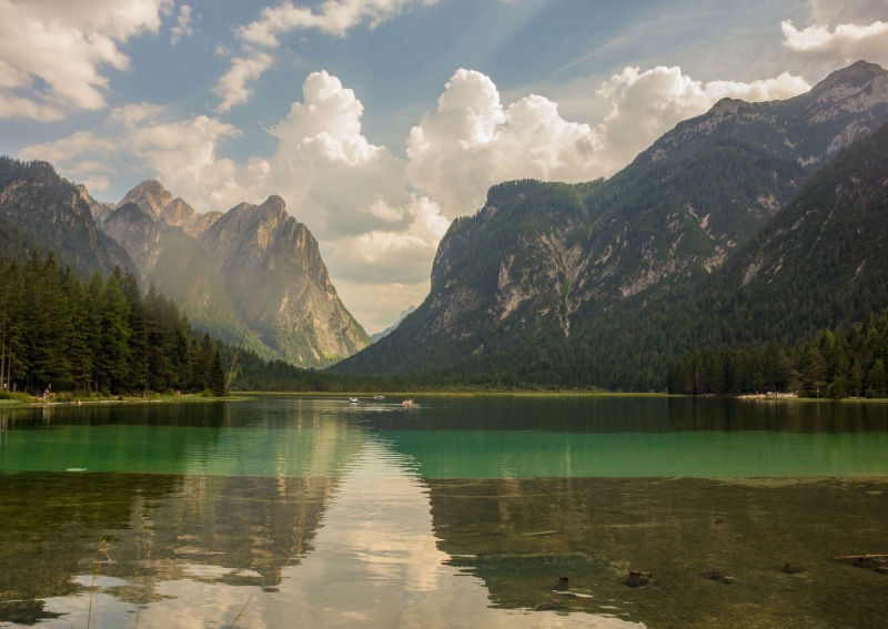 tree, mountains, lake, day, plant, dolomiti, beauty in nature, sky, no people, non-urban scene, turquoise colored, mountain range, mountain peak, 4K, tranquility