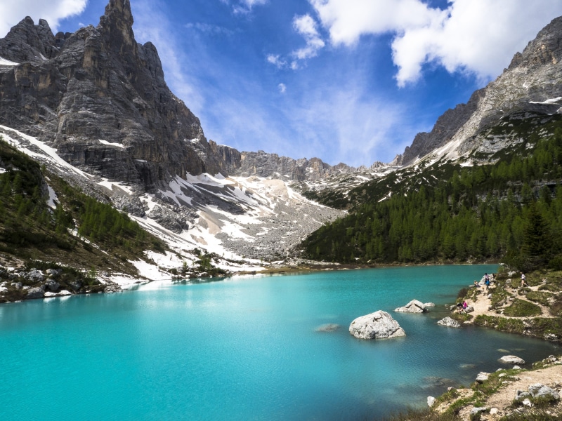 rock, no people, environment, italy, remote, outdoors, 4K, non-urban scene, tree, sopraphis lake, lago di sorapis, mountain, lake, water, turquoise colored