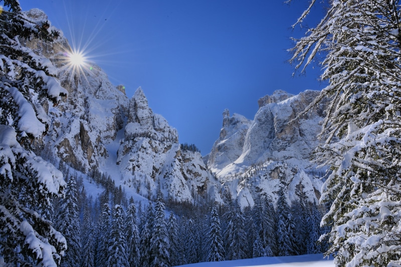 La porta, sky, nature, spruce, scenics, mountain, porta, 2K, Dolomiti, coated, cielo, blue, neve, forest, trees, winter, blue sky, tree, snow, landscape