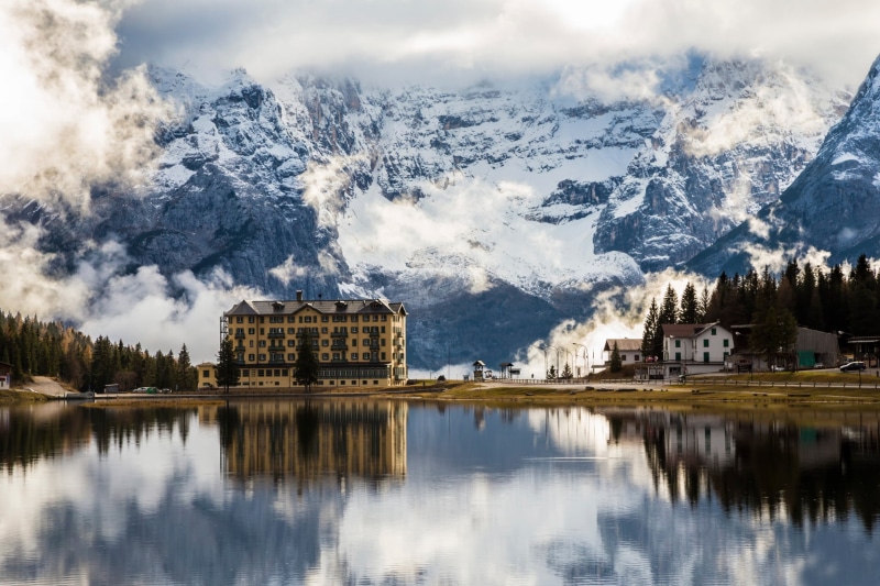 1080P, mountain range, Italy, snowcapped mountain, architecture, beauty in nature, water, Dolomiti, reflection, waterfront, winter, beige, scenics - nature