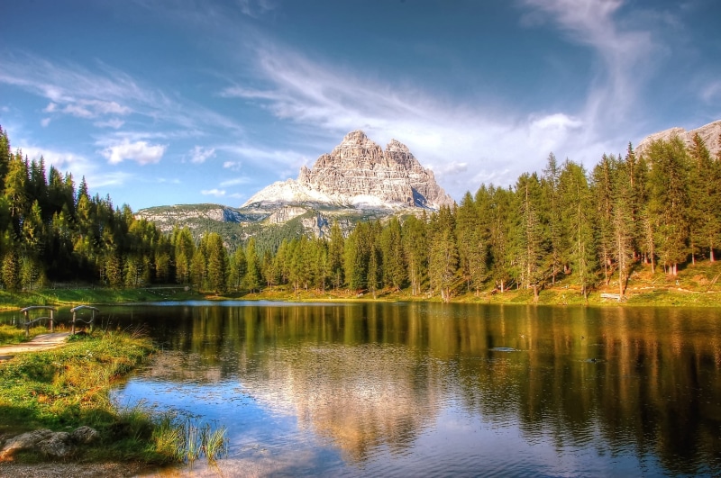 reflection, outdoors, lake, lake antorno, alm, tre cime, hike, formation, italy, landscape, mountains, pine tree, bergsee, tree, view, waterfront, sesto