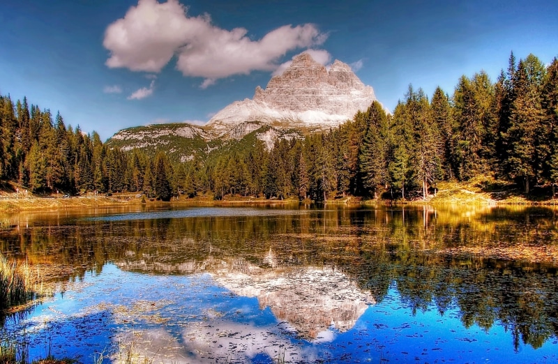 natural wonders, non-urban scene, scenics - nature, beauty in nature, reflection, pine woodland, alpine, south tyrol, lago antorno, italy, coniferous tree
