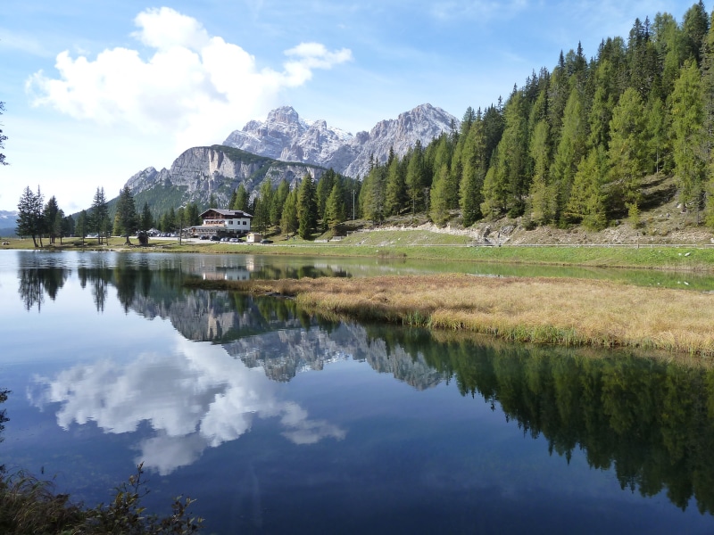 dolomites, beauty in nature, cloud - sky, lake antorno, landscape, idyllic, sky, nature, outdoors, water, alps, scenics - nature, mountain, green color