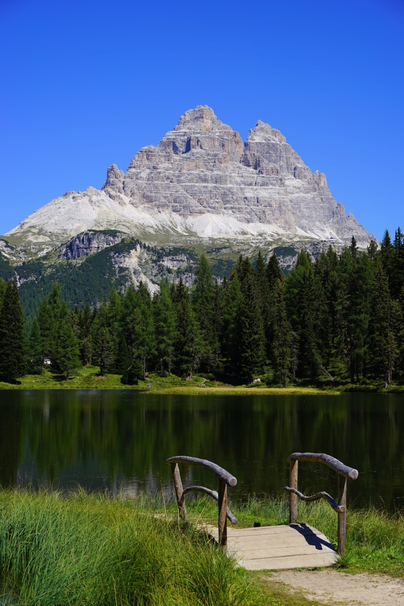 sasso di landro, mountains, landscape, reflection, tree, clear sky, tranquil scene, the sesto dolomites, sky, tin head, tranquility, no people, unesco world heritage
