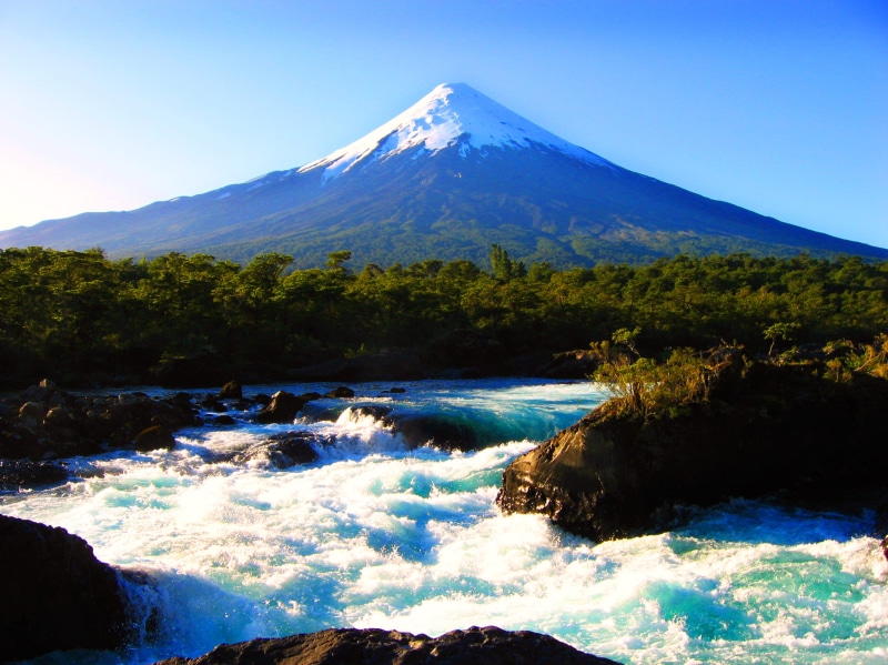 outdoors, forest, land, mountain, 2K, sea, flowing water, mountain peak, árbol, river, rio, sky, non-urban scene, saltos del petrohué, chile, x región