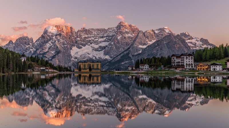 italy, alps, mountain, winter, snow, cold temperature, symmetry, water, 1080P, tourist attraction, lake, mountain range, reflection lake, reflection, no people