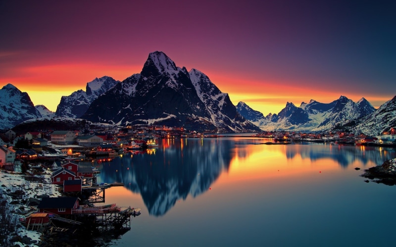 mountain, norway, winter, nature, water, snow, 1080P, desktop, sunset, islands, reine, sea, reflection, hd, lofoten