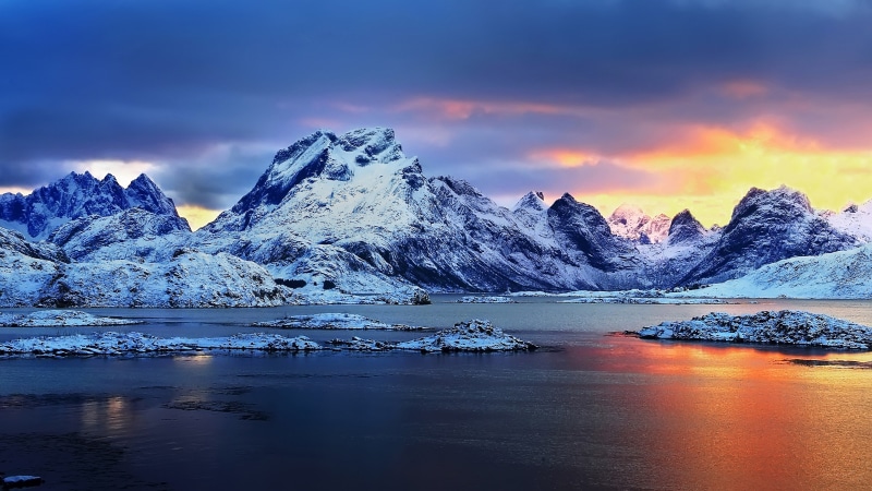 winter, beauty in nature, sunset, mountain, sea, norway, lagoon, sky, cold temperature, mountain range, ice, hd, snowy, landscape, cloud - sky, tranquility