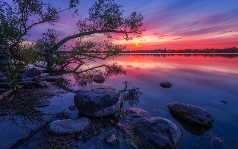 lake, sunset, wilcox, water, computers, wood, ontario, dusk, hd, 4K, reflection, red, desktop, mobile, willow, phones, stone, tablet, canada