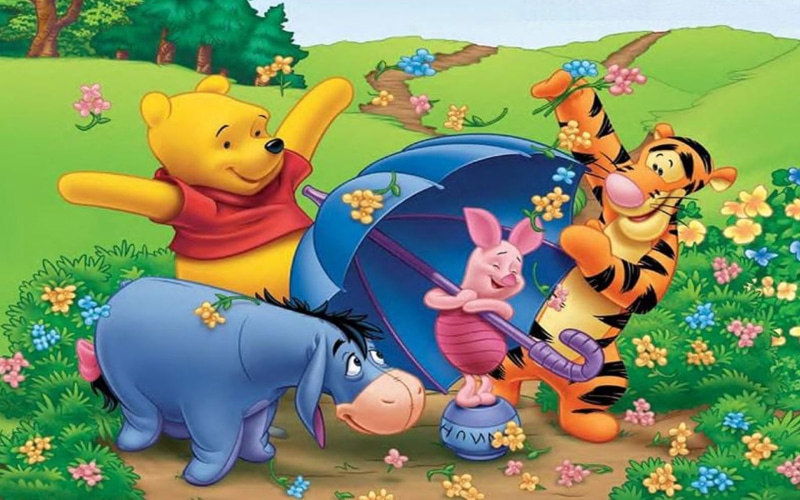 hd, spring, cartoon, garden, piglet, winnie, eeyore, laptop, 1080P, pooh, tablet, tigger, flowers, umbrella