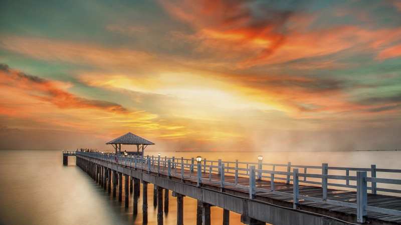 sunset, pier, wooden, desktop, clouds, sky, phones, thailand, phuket, ultra, mobile, hd, laptop, fire, red, 4K