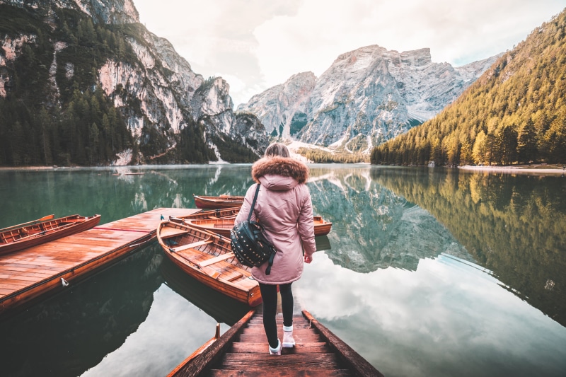 braies lake, mountains, dolomites, lifestyles, autumn, fresh air, scenics - nature, mountain, di, italy, rocks, leisure activity, 4K, rowing, rowing boats