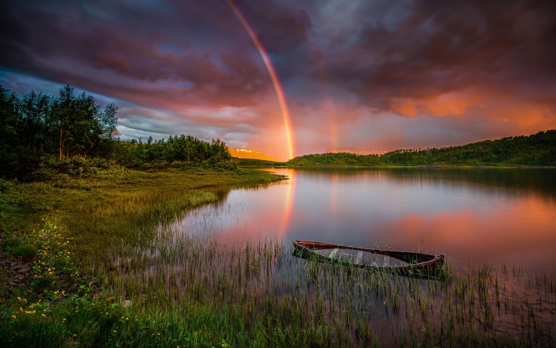 rainbow, trees, lake, clouds, sky, rain, boat, hd, mobile, desktop, 4K, red, tablet, forest, landscape, sunset