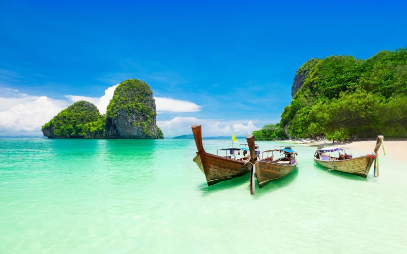 4K, hd, tranquility, landscape, scenics - nature, outdoors, no people, transportation, sky, nautical vessel, turquoise, longtail boat, bay
