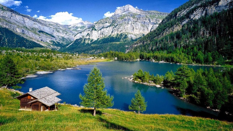  trees, blue, pine, house, 2K, turquoise, landscape, coast, water, switzerland, green, hd, rocky, wooden, meadow, lake, mountains, forest