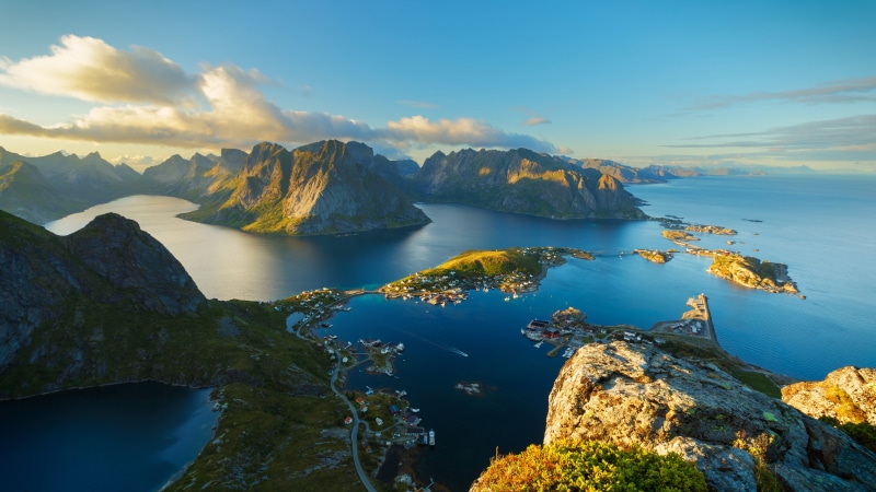 rock, sea, peaks, sky, 5K, highest, reinebringen, panorama, cloud - sky, no people, idyllic, lofoten, one, rock - object, islands, norway, water