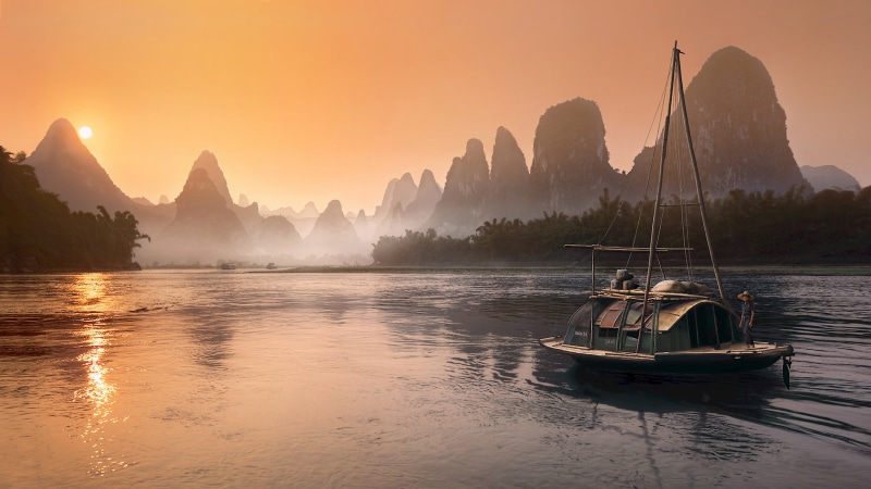 guilin, fishing boat, near, sunset, sky, scenics - nature, mobile, tree, no people, china, water, mode of transportation, 4K, nautical vessel, village