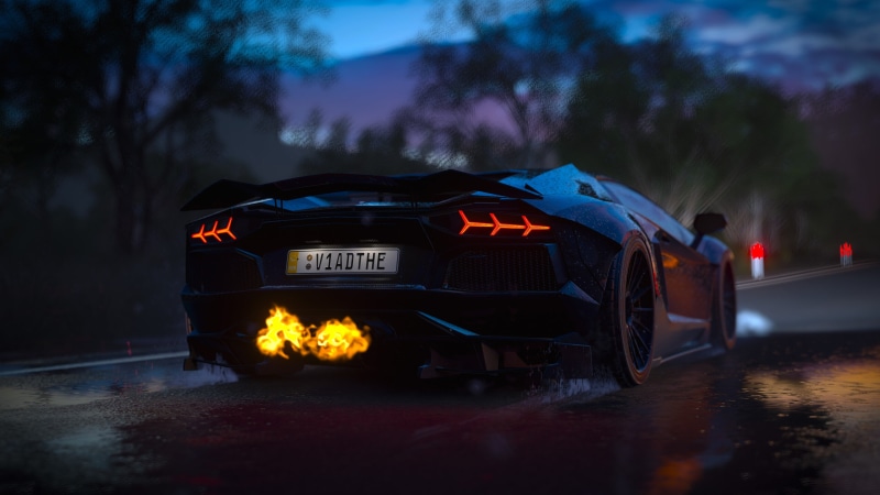 no people, text, Forza Games, illuminated, outdoors, Forza Horizon, transportation, Lamborghini Aventador, road, tree, architecture, plant, communication