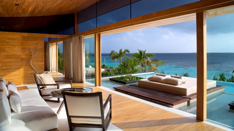 summer, indoors, palm trees, window, scenics - nature, resort, tropical, swimming pool, table, water, 1080P, furniture, sea, Maldives, beach, absence