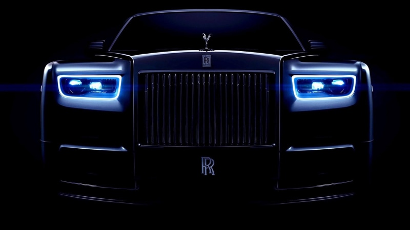 black background, blue, rolls royce phantom, vehicle, chrome, electrical equipment, transportation, luxury car, close-up, studio shot, dark, blue light