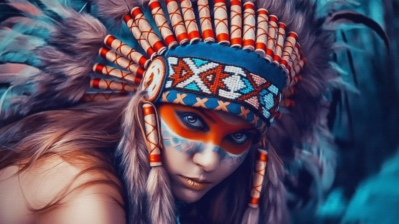 feather, girl, indian, native american, 1080P, face, headgear, long hair, headdress, indigenous, eyes