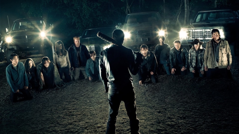 leisure activity, jacket, Negan (The Walking Dead), group of people, women, s, Daryl Dixon, Andrew Lincoln, illuminated, crowd, Steven Yeun, night, Norman Reedus