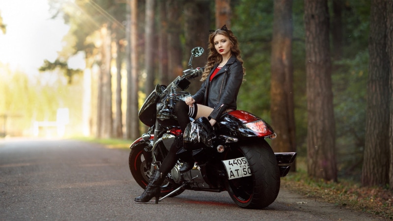black, biker, fashion, leather jacket, crash helmet, outdoors, lifestyles, sitting, 1080P, looking into the distance, riding, cruiser, city, leather jackets