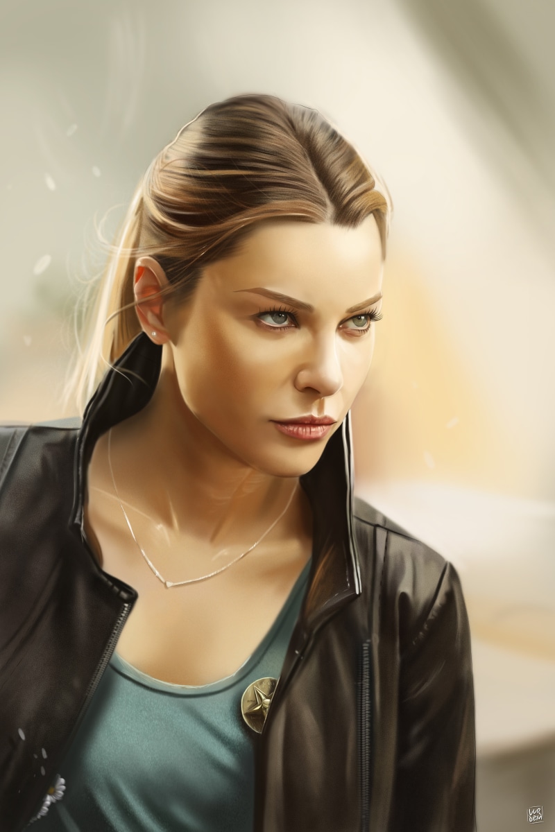 5K, ArtStation, Chloe Decker, Yaşar VURDEM, Lauren German, brunette, digital art, fan art, women, leather jackets, Lucifer: TV Series