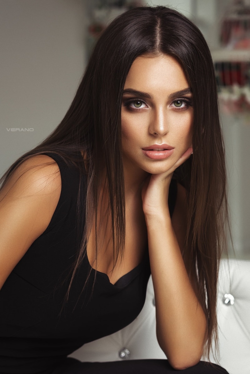black clothing, luxury, human hair, looking at camera, adult, Nikolas Verano, hairstyle, indoors, beauty, 1080P, portrait, brown hair, sitting, modern
