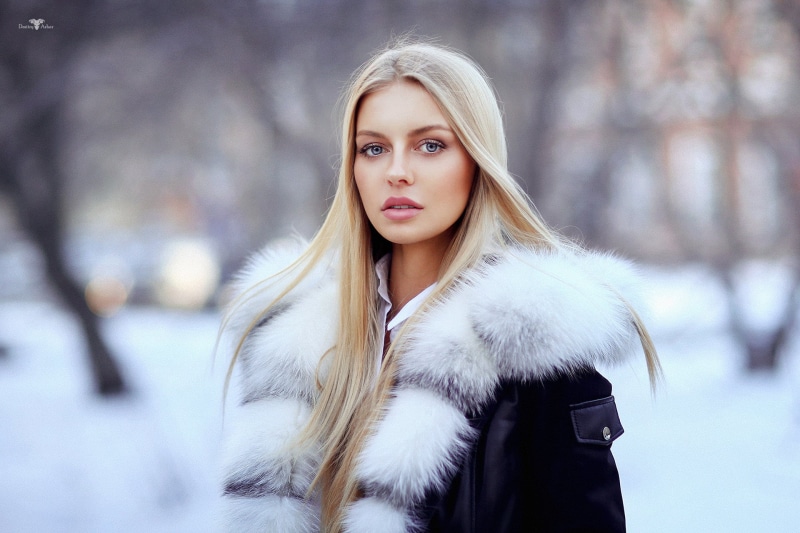 hair, line, clothing, young adult, blue eyes, winter, blond hair, fur coat, blonde, 1080P, black jackets, portrait, Alena, cold temperature, long hair