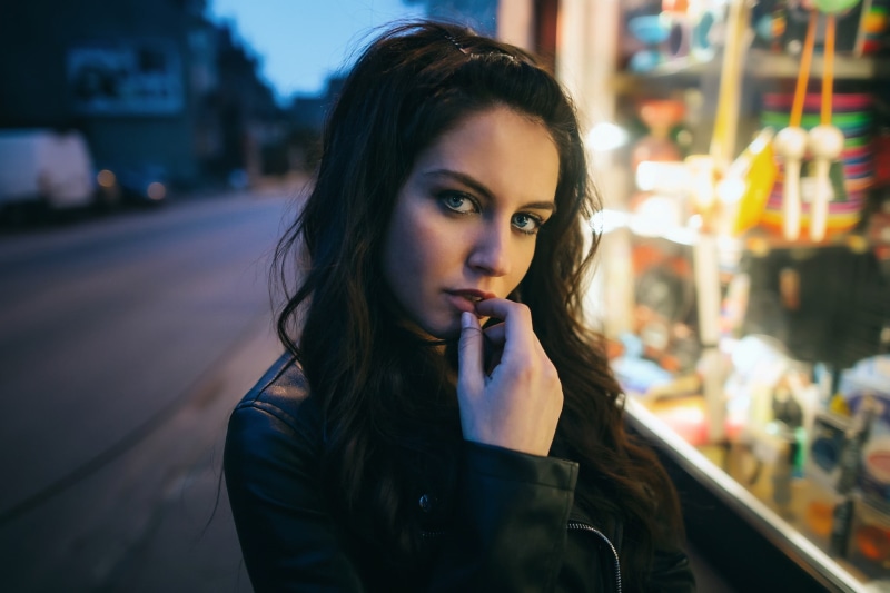 black, adults Only, females, model, leather, Aurela Skandaj, city Life, adult, finger on lips, urban Scene, beauty, s, street, one Young Woman Only, young Women