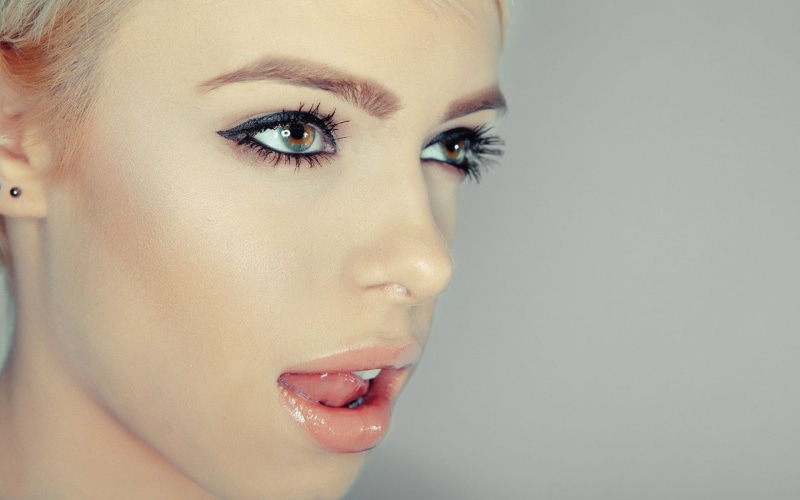 young women, open mouth, blue eyes, face, make-up, headshot, beauty, licking lips, blonde, lipstick, adult, simple background, 1080P, human face, indoors
