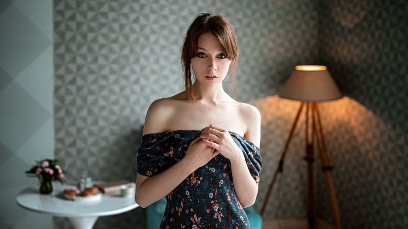 beautiful people, beauty, top, beautiful woman, Olya Pushkina, electric lamp, women indoors, necks, one person, luxury, bare shoulders, young adult, clothing