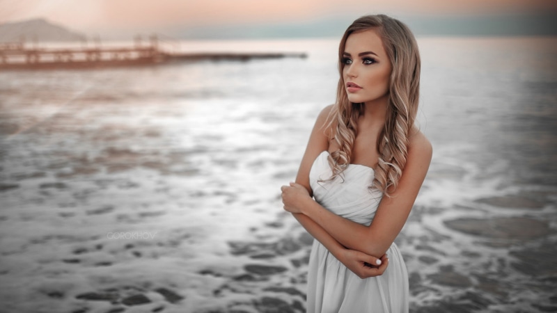 hairstyle, hair, young adult, sweetheart, white dress, beautiful woman, 1080P, beauty, adult, s, outdoors, young women, women on beach, Ivan Gorokhov