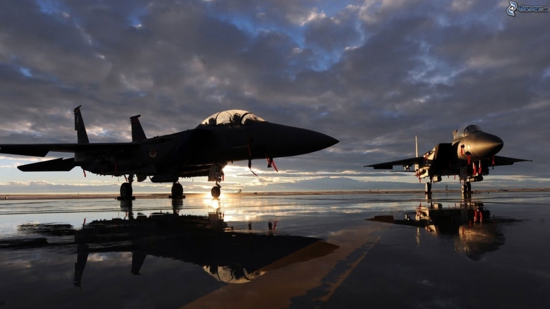airport, airplane, McDonnell Douglas F-15E Strike Eagle, jet, vehicle, water, plane, reflection, transportation, side view, airport runway, two, black