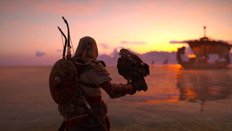 standing, weapon, adult, Assassins Creed: Origins, holding, eagle, leisure activity, one person, video games, clothing, sky, focus on foreground, men, sunset