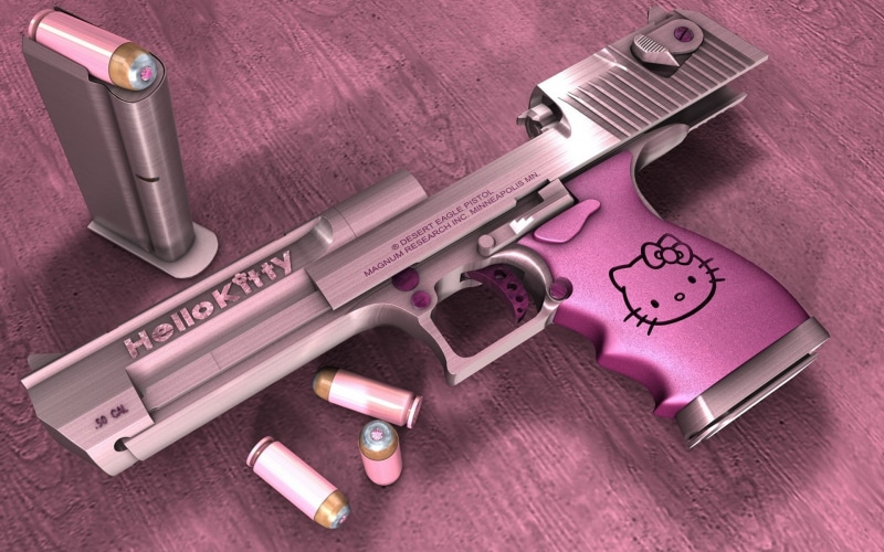 studio shot, Hello Kitty, weapon, arts culture and entertainment, pink, Desert Eagle, aggression, no people, security, social issues, pink color, sign