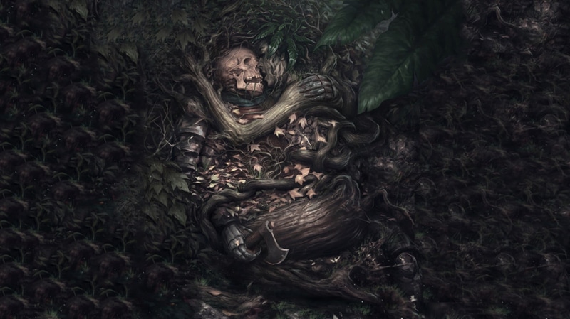 plant part, horror, digital, 1080P, directly above, woman, outdoors, no people, tree, high angle view, artwork, male likeness, looking at camera, man