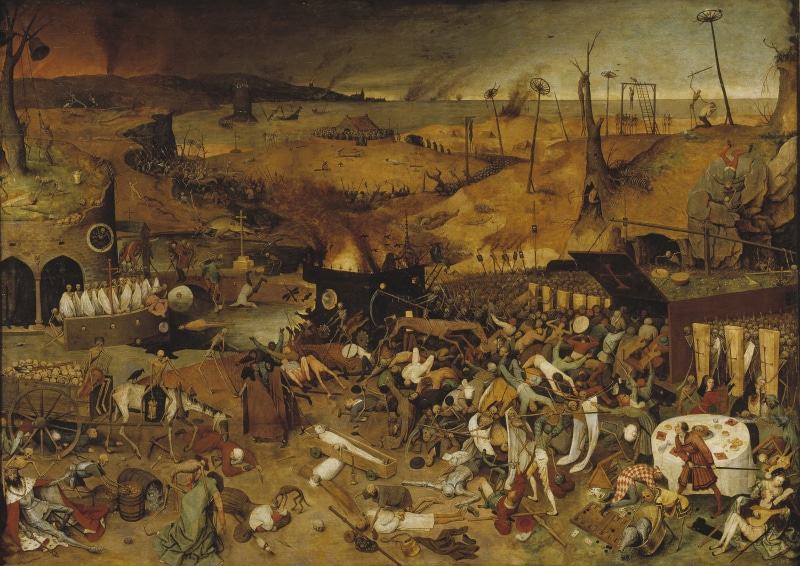 group, bone, backgrounds, large group of objects, The Triumph of Death, dry, 2K, building, near, classic art, indoors, nature, architecture, trees, no people