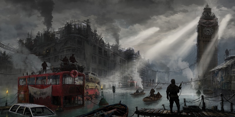 group of people, architecture, London, game, artwork, transportation, sky, outdoors, real people, building exterior, water, apocalyptic, people, nature